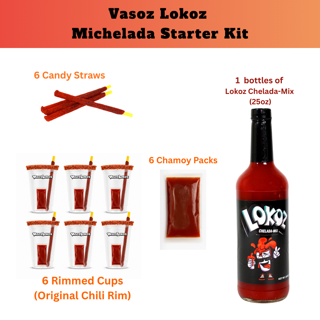 VasozLokoz Michelada Cups Starter Kit | 1-25oz Chelada-Mix bottle | 6 Rimmed cups (24 oz) | 6 Candy straws | 6 Chamoy Packs