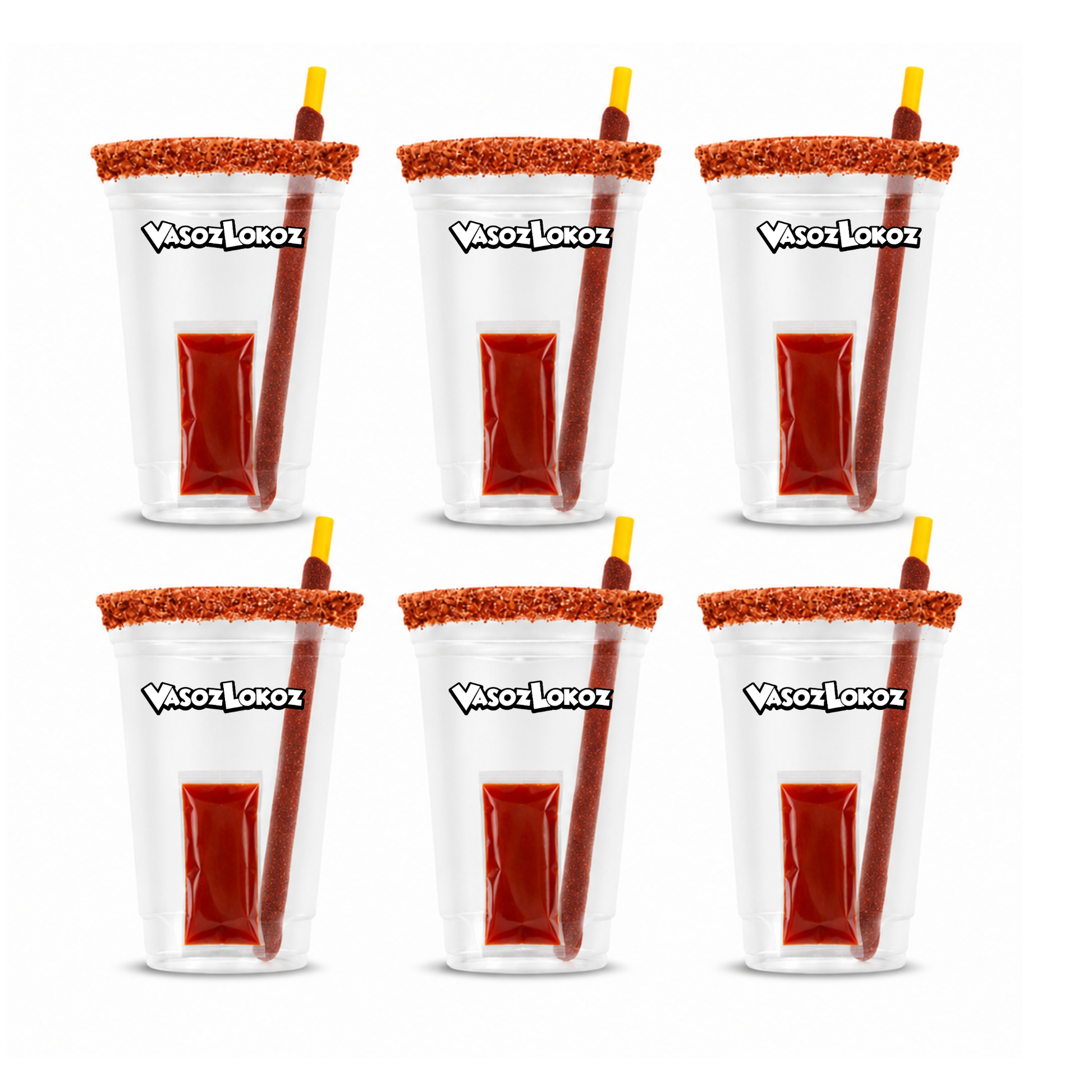 Vasoz Lokoz michelada cup, chamoy pack, spicy candy straw, rimmed cups, party cups, 6 pack VasozLokoz Starter Kit featuring a stack of clear plastic cups with orange and dark red candy-coated rims, a nutrition facts label, and product details on a white background. michelada cup, chamoy pack, spicy candy straw, rimmed cups, party cups, 6 pack